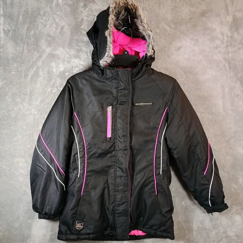 Girls ZeroXposure Ski Snow Parka Jacket Black And Pink Faux Fur Hood 14/16